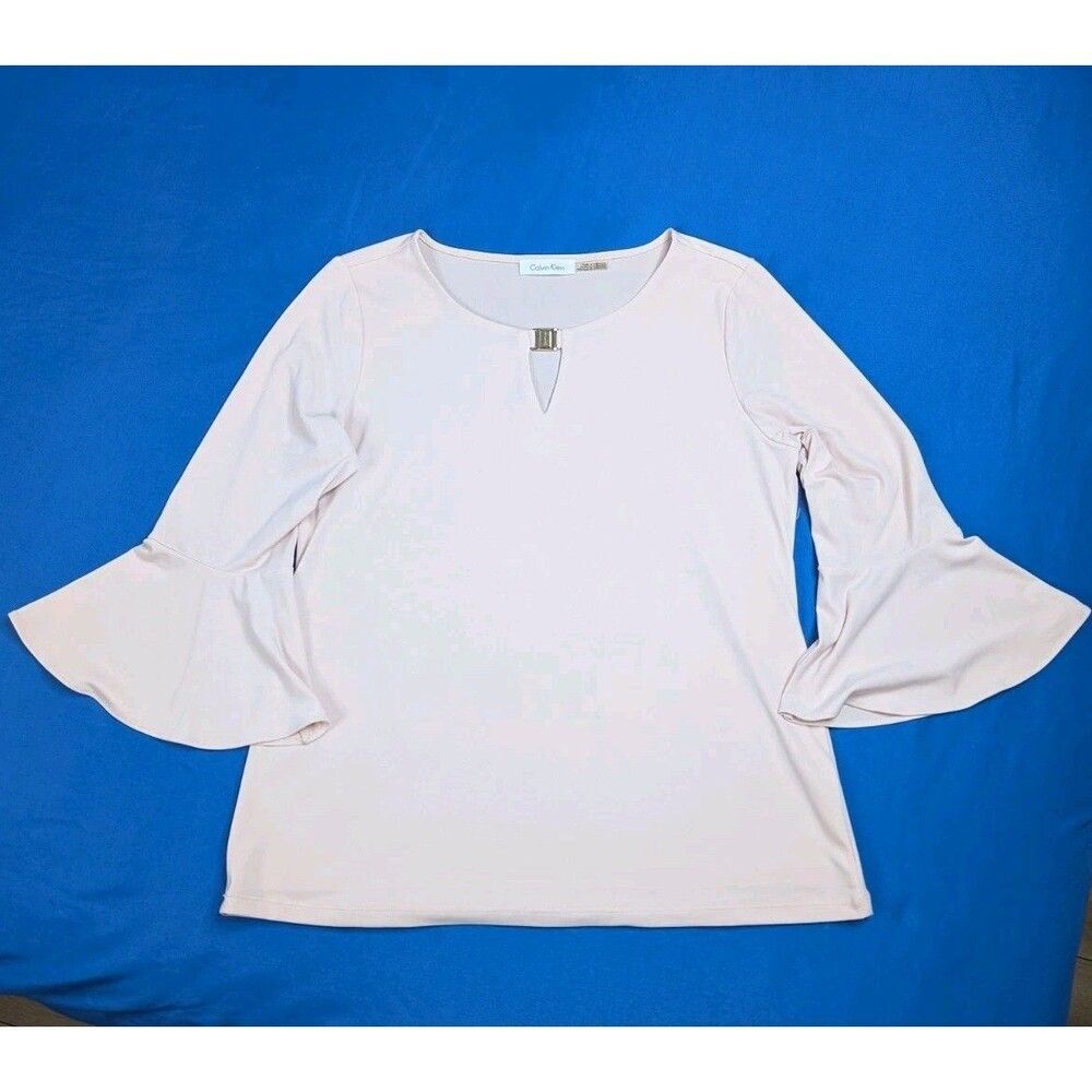 Calvin Klein Womens Shirt Ivory Keyhole Opening Metal Accent 3/4 Size Medium XL